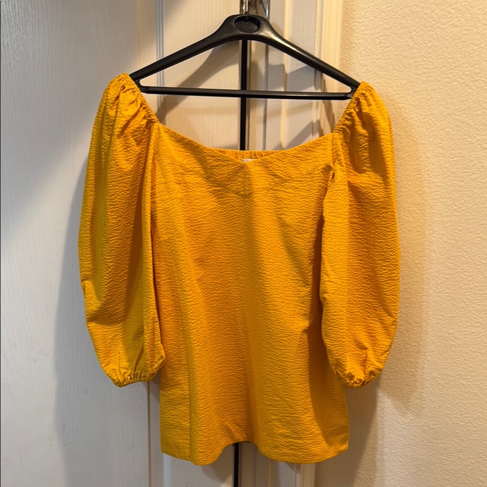 Cuyana Yellow Puff Sleeve Blouse with Ruffled Relaxed Style